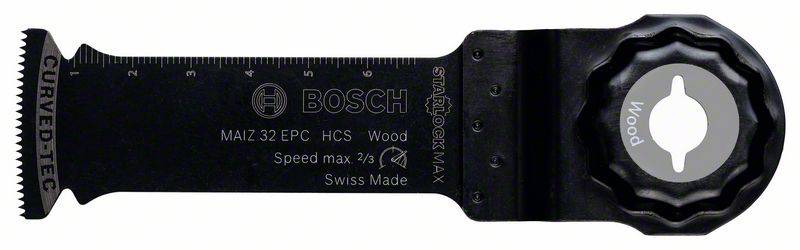 Lame de scie multifonction en métal, compatible avec les outils Bosch, adaptée pour le bois, avec marquages de règle et inscription 'Swiss Made'.