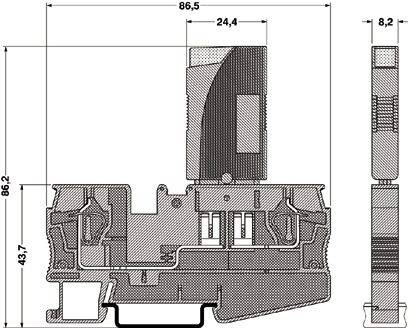 Dessin technique d'une coupe transversale d'un profilé avec dimensions en millimètres : largeur 86,5 mm, hauteur 66,2 mm, et autre dimension de détail 43,7 mm.
