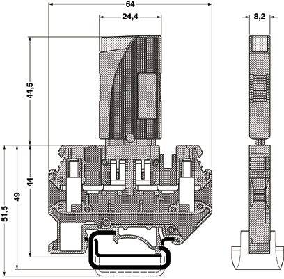 Dessin technique d'une coupe de profil avec cotations. Dimensions principales : largeur 64 mm, hauteur 51,5 mm, profondeur 8,2 mm.