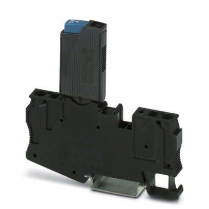 Composant électrique avec boîtier noir et interrupteur bleu, adapté au montage sur rail DIN.