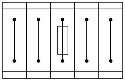 Diagramme d'une boîte avec cinq lignes verticales et des cases au centre, représentant un plan de rue ou un aperçu du trafic.