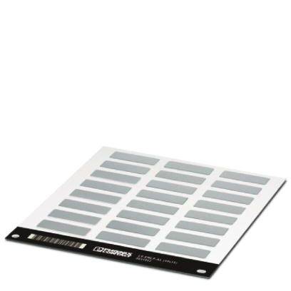 Une étiquette de code-barres rectangulaire avec plusieurs rayures grises disposées en rangées sur un fond blanc. Le texte en bas est difficilement lisible.