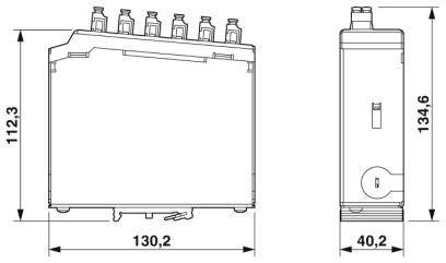 Dessin technique d'un objet rectangulaire et bloc-like avec les dimensions : 112,3 x 130,2 et 134,6 x 40,2 mm. Six connexions en haut.