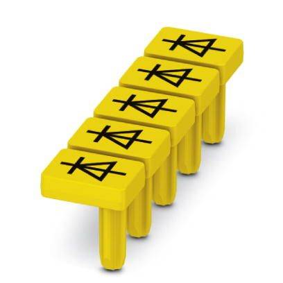 Dispositif de marquage jaune avec quatre étiquettes rectangulaires disposées en ligne, toutes imprimées avec un symbole identique.