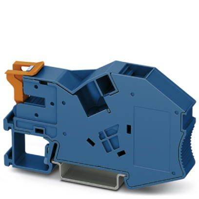 Un bloc de connexion électrique bleu avec des détails orangés, utilisé pour relier des câbles dans des armoires électriques.