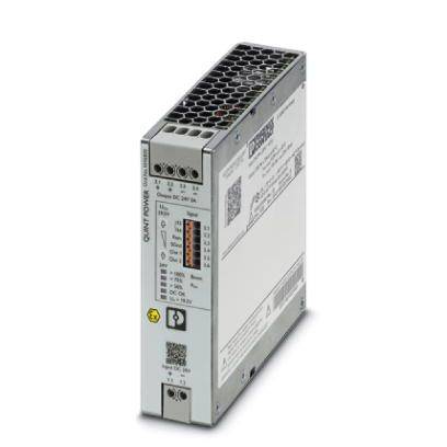 Alimentation électrique à découpage de Phoenix Contact avec fentes de ventilation et bornes de connexion, montable sur rail DIN. Convient aux applications industrielles.