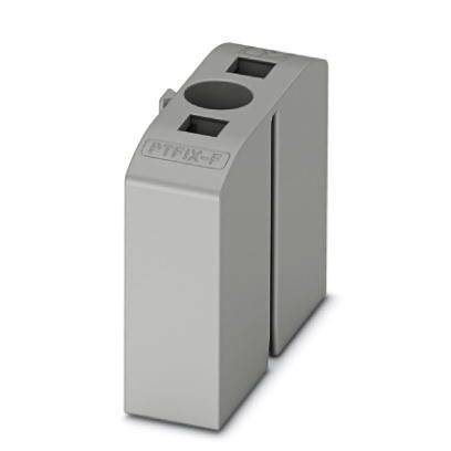 Une pièce en plastique grise, rectangulaire, avec un trou en haut et portant l'inscription 'PTRK-F'.