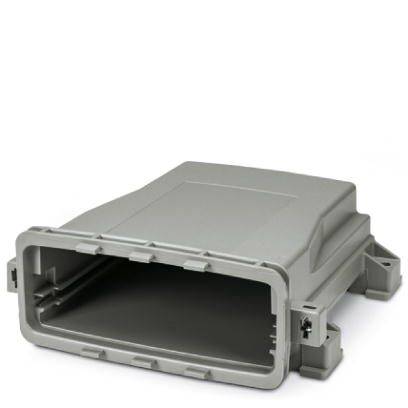 Boîtier rectangulaire en plastique gris, avec ouverture à l'entrée ; probablement destiné à des composants électroniques ou à la gestion de câbles.