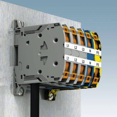 Illustration d'un bloc de raccordement électrique avec des zones marquées L1, L2, L3, N et FE, monté sur un mur.