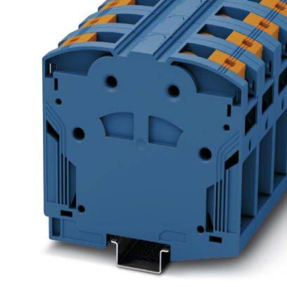 Un bloc de connexion électrique bleu avec des bornes à vis latérales. Adapté aux applications industrielles pour un raccordement de câbles sécurisé.