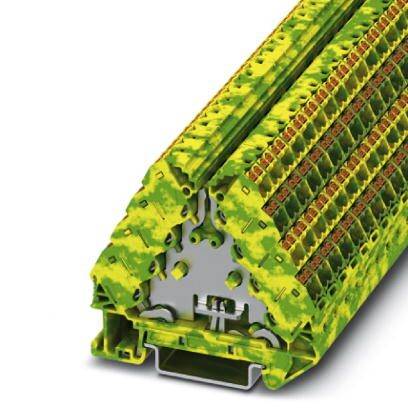 Un système modulaire de borniers à rangée en forme de triangle, conçu dans des tons de jaune et de vert, pour les installations électriques.