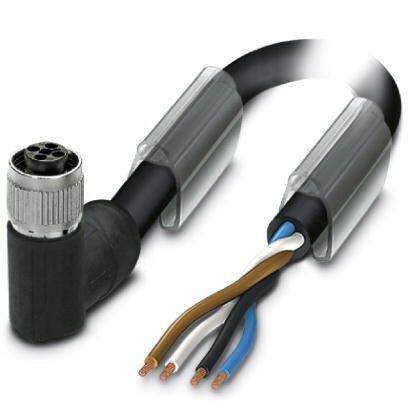 Un câble noir avec cinq fils distincts de couleurs différentes (marron, blanc, bleu, noir, gris) et un connecteur rond.