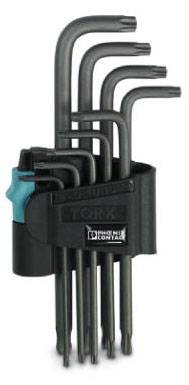 Un ensemble de neuf tournevis Torx en forme de L dans un support noir étiqueté 'Torx'.