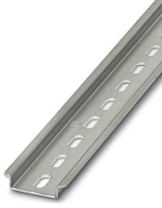 Rail métallique avec des trous rectangulaires et ovales le long de sa longueur. Adapté au montage de composants électriques.