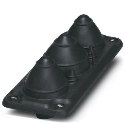 Un accessoire en caoutchouc noir rectangulaire avec trois troncs de cône sur une base. Il possède deux trous de fixation aux coins.