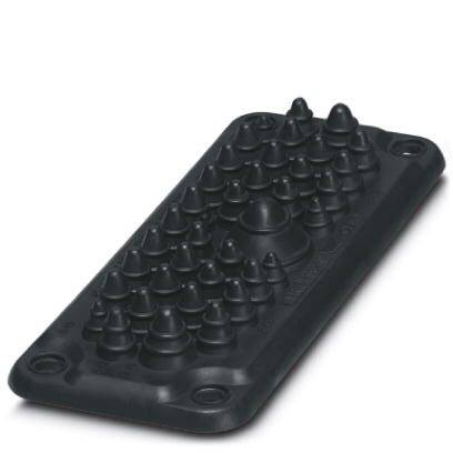 Tapis en caoutchouc noir rectangulaire avec des reliefs coniques. Destiné au drainage structuré et à la protection des surfaces.