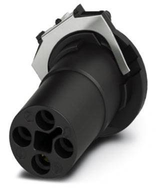 Un connecteur noir cylindrique avec cinq points de connexion et un boîtier extérieur métallique. Adapté pour les connexions électriques.
