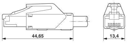 Dessin technique d'une fiche RJ45 avec dimensions : Longueur 44,65 mm, largeur 13,4 mm. Vue de dessus et vue de face.