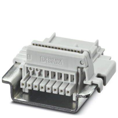 Connecteur électrique en gros plan en plastique gris avec support métallique, vue détaillée des bornes électriques et du logo de la marque.