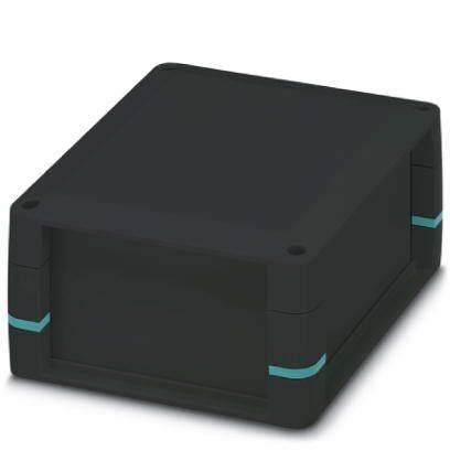 Boîtier rectangulaire noir en plastique aux coins arrondis, avec des bandes turquoises, probablement destiné à des appareils électroniques.