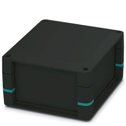 Un boîtier noir rectangulaire avec de petites bandes turquoises sur les bords, sur un fond neutre.