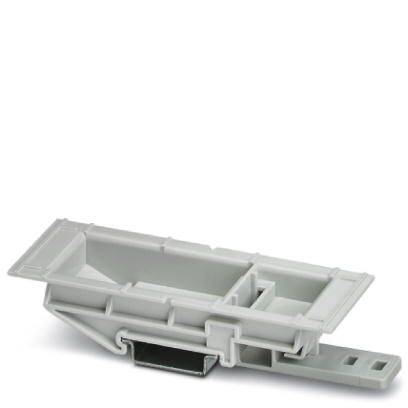 Un support rectangulaire gris en plastique avec plusieurs compartiments, probablement un accessoire électrique ou un organisateur de câbles.