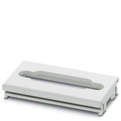 Un objet blanc rectangulaire avec une ouverture étroite et allongée au centre, probablement un support ou un couvercle.