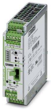 Un dispositif électronique rectangulaire avec des composants verts et gris, utilisé pour le contrôle ou l'alimentation électrique dans des applications industrielles.