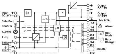 Plan de câblage d'un système d'alimentation à courant continu avec microcontrôleur, connexions pour entrées/sorties, affichage d'alarme et options de batterie.
