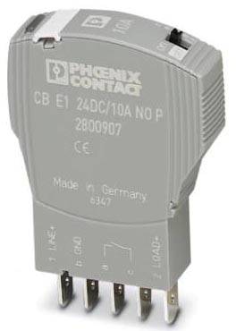 Un modèle de relais gris Phoenix Contact portant l'étiquette 'CB E1 24DC/10A NO P' et 'Made in Germany', présentant plusieurs connexions.