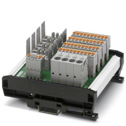 Module industriel à connecteurs multiples et bornes disposés en deux rangées. Se monte sur circuit imprimé pour établir des connexions électriques.