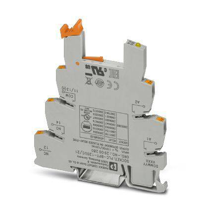 Un module de bornes électrique gris avec des clips orange et diverses informations techniques imprimées.