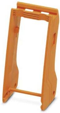 Un support vertical en plastique orange, probablement conçu pour maintenir un appareil ou un outil en position verticale de manière stable.