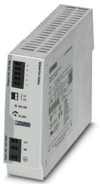 Unité d'alimentation électrique de forme rectangulaire avec bornes de connexion et voyants LED. Inscription : 'Trio Power'.