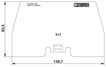 Dessin technique d'un bouclier de Phoenix Contact, dimensions : largeur 138,7 mm, hauteur 83,5 mm, épaisseur 1 mm.