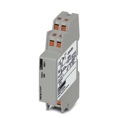 Un module électronique gris rectangulaire avec des connexions orange. Adapté pour le montage sur rail DIN pour les systèmes de commande.