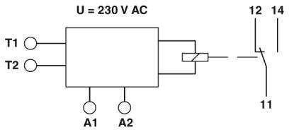Schéma de câblage d'un relais 230 V CA avec bornes T1, T2, A1, A2 et interrupteur avec contacts 11, 12, 14.