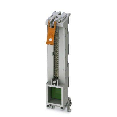 Un boîtier gris vertical avec un clip orange en haut, probablement partie intégrante d'un dispositif électrique ou mécanique.