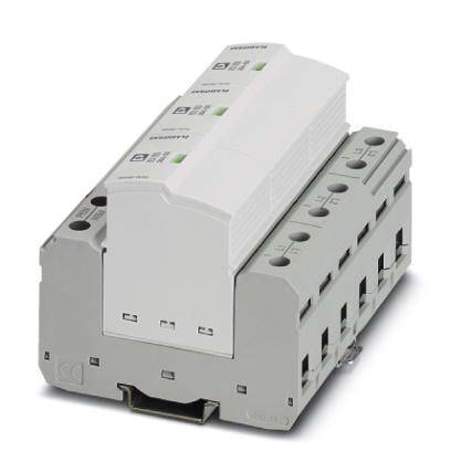 Appareil électrique de distribution électrique pour installations industrielles, de couleur gris foncé avec des composants blancs, plusieurs bornes de connexion visibles.