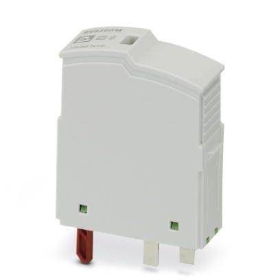 Un appareil électrique blanc avec des connexions rouges et blanches, probablement un module pour un coffret électrique.
