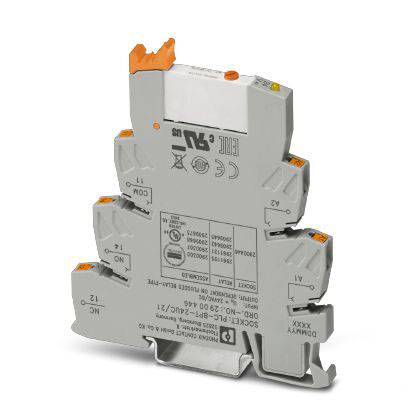 Composant électronique avec un boîtier gris, des clips orange et plusieurs connexions. Probablement un disjoncteur électrique.