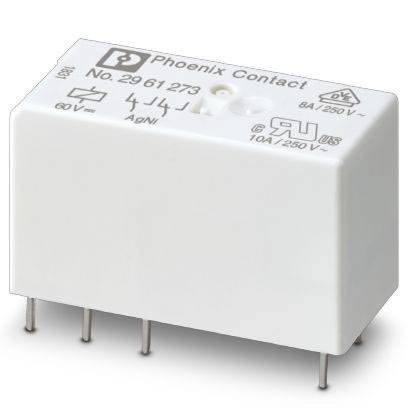 Un relais Phoenix Contact blanc, numéro 2961273, adapté pour 60 V en courant continu ou 250 V en courant alternatif.