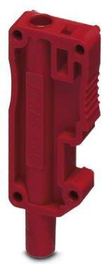 Objet en plastique rouge, allongé, doté de plusieurs ouvertures et rainures. Probablement un boîtier ou un composant.