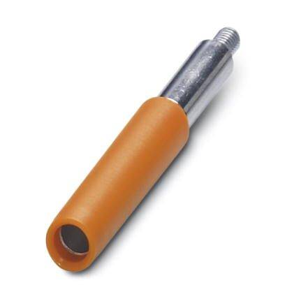 Adaptateur orange et argenté avec un filetage à une extrémité ; utilisé pour connecter des pièces ou des outils.
