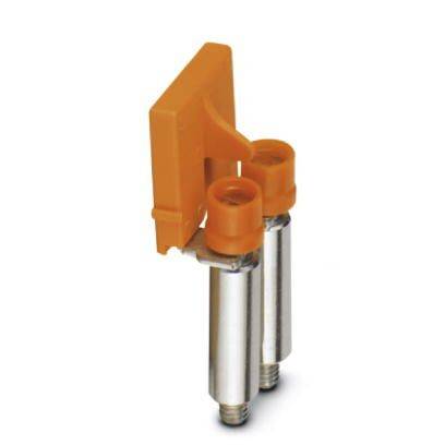 Un connecteur en plastique orange rectangulaire relié à deux broches cylindriques métalliques verticales.