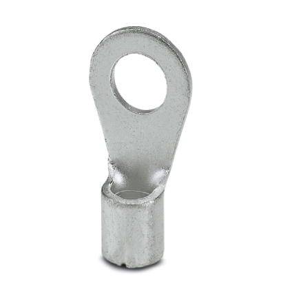Une œilère de câble en argent avec une extrémité cylindrique et un anneau plat en haut pour les connexions électriques.
