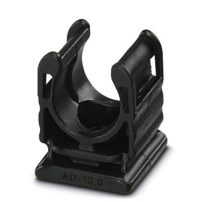 Un support de collier de serrage en plastique noir avec un clip rond ouvert et une base rectangulaire, adapté pour la fixation de tuyaux.