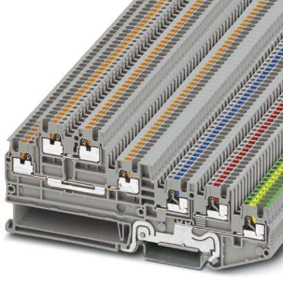 L'image présente un arrangement empilé de bornes de raccordement avec différents codages couleur pour le câblage électrique.