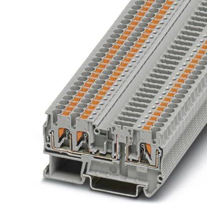 Barrette de connexion électrique grise à plusieurs niveaux avec des éléments orange, utilisée pour le câblage et la connexion dans les circuits électriques.