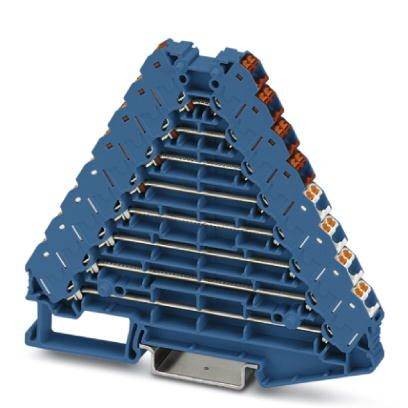 Un bloc de connexion électrique bleu, pyramidal, doté de plusieurs emplacements. Conçu pour le câblage industriel.